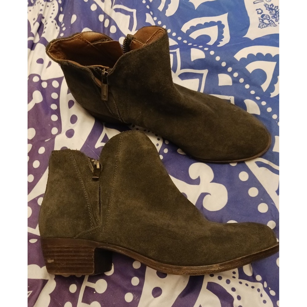 Luckyβ Brand Dark Green Suede Leather Chunk Heel Ankle Booties, 8
